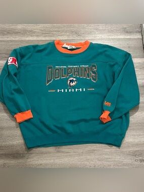 Vtg 90s Miami Dolphins Crewneck XL Lee Sport Nutmeg Spellout Block Letter Teal